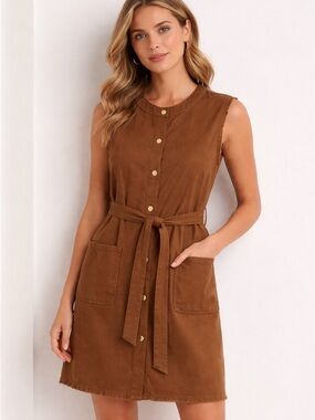 Nicole Miller New York Linen Blend Sleeveless Button Front Self Tie Mini Dress